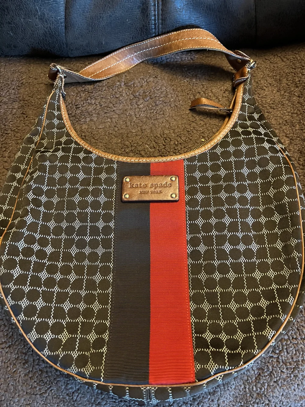 kate spade brown hobo bag with red & black stripe